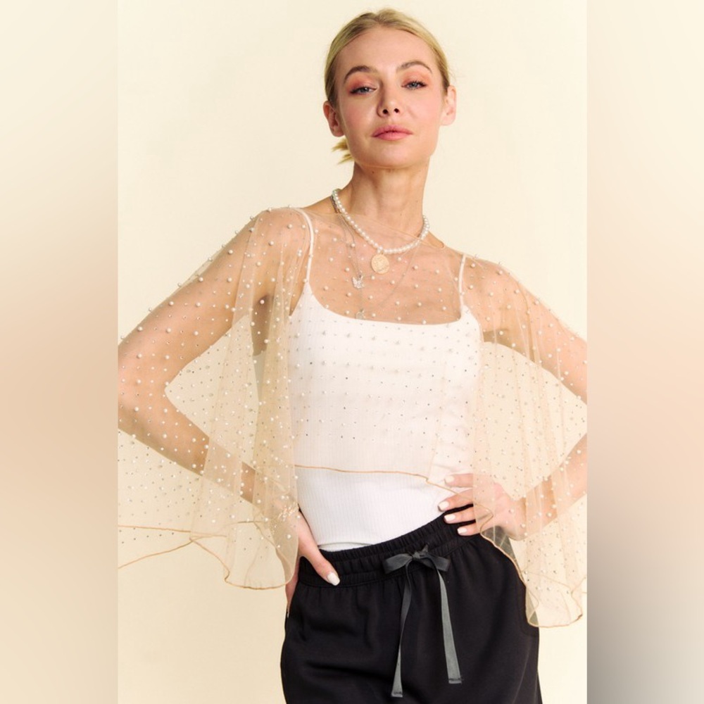 266B. Pearl Rhinestone Embellished Mesh Topper Cape - Nude